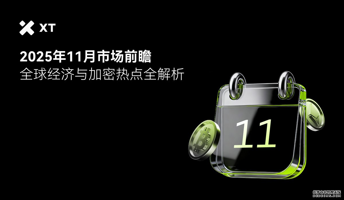 一个透明的日历图标显示数字11，旁边有一个金币，背景为黑色，文字内容提及2025年11月市场前瞻与全球经济分析